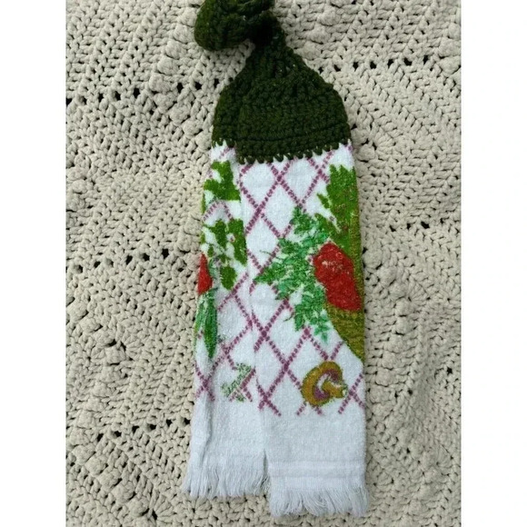 Vintage Hand Crocheted Hanging Kitchen Dish Towel- Green, Mushroom Veggies EUC - Picture 3 of 3